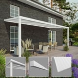 Terrasoverkapping RAL 9016, 16 mm, met detailweergaven van steunprofiel, dakgoot en polycarbonaatplaat