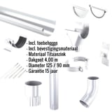 Titaanzink dakgoot voordeelpakket met accessoires en ingebedde specificaties