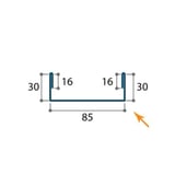 Technische tekening van het U-profiel met afmetingen: 30 mm hoogte, 85 mm breedte, 16 mm flens