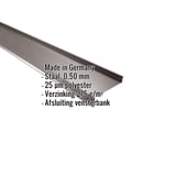 Dorpel uit staal, sepiabruin, met ingebedde productgegevens over materiaal, dikte en coating