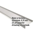 Vensterbank aluminium Zilver-Metallic met ingebedde specificaties: Made in Germany, 0,70 mm, 25 µm polyester
