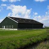 Grote schuur met zwart golfplaten dak en groene wanden in een weide onder blauwe lucht