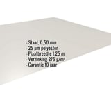 Vlakke plaat Grijswit (RAL 9002) van staal, 0,50 mm dikte, met ingebedde specificaties