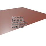 Vlakke plaat Roodbruin RAL 8012 met ingebouwde gegevens zoals materiaal, dikte en coating
