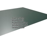 Vlakke plaat staal 0,50 mm mosgroen RAL 6005 met Puramid-coating, technische gegevens weergegeven