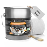 DACHPROTECT vloeibare kunststof set, grijze emmer 5 kg, kwast en vliesrol, belangrijke gegevens weergegeven