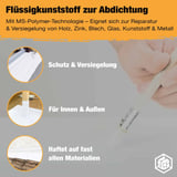 Vloeibare kunststof voor afdichting, toepassingsvoorbeelden en eigenschappen als infographic