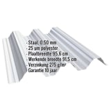 Damwandplaat T92P dak lichtgrijs met weergegeven specificaties voor materiaal, dikte en coating