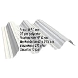Damwandplaat T92P dak Grijswit (RAL 9002) met ingebedde productgegevens over materiaal en coating