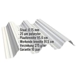 Damwandplaat T92P dak Grijswit (RAL 9002) met ingebedde specificaties zoals materiaal, dikte en coating