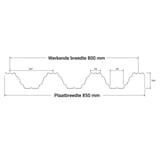 Technische tekening damwandplaat TP104 met profielafmetingen, plaatbreedte 850 mm, werkbreedte 800 mm