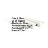 Damwandplaat TP104 dak, Grijswit, met ingebedde productgegevens over materiaal, dikte en coating