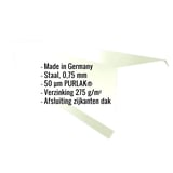 Windveer Grijswit (RAL 9002) van staal 0,75 mm met 50 µm PURLAK coating, specificaties getoond