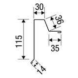Technische tekening van de gevelhoek Stehfalzprofiel 33/500 met afmetingen 115, 30, 36, 35, 14 mm