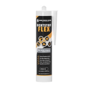 Afdichtingskit FLEX wit, koker met zwart etiket en witte productkenmerken, infografiek
