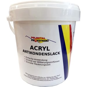 Polmetal Acryl anticondenslak in witte emmer, transparante acrylaatbasis, met productinformatie