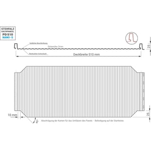 Technische tekening staande naad dakpaneel PD-510-S met werkbreedte 510 mm en ribhoogte 2 mm