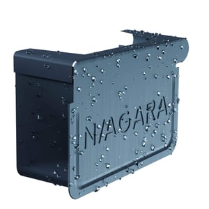 Dakgoot eindstuk links, Antracietgrijs (RAL 7016) met waterdruppels en Niagara logo