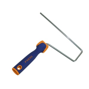 Handvat voor korte vachtroller, blauw kunststof handvat met oranje accenten en metalen beugel, logo FRIES