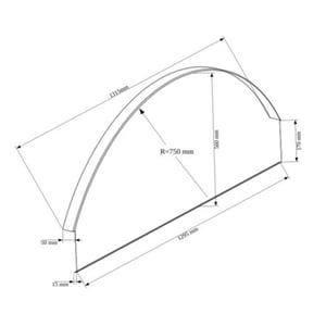 Technische tekening van een grijze PVC-boog met afmetingen: radius 750 mm, breedte 1295 mm, hoogte 560 mm