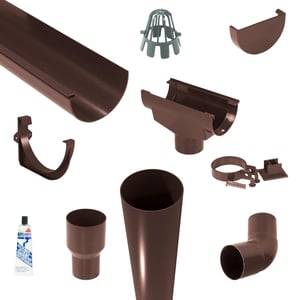 Bruin PVC dakgoot voordeelpakket met dakgoot, regenpijp, bocht, afvoer en accessoires