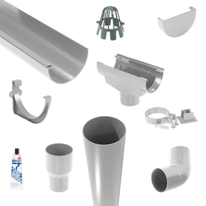 Grijs PVC dakgoot voordeelpakket met dakgoot, regenpijp, bocht, beugel, eindstuk, afvoer, bladvanger en lijm