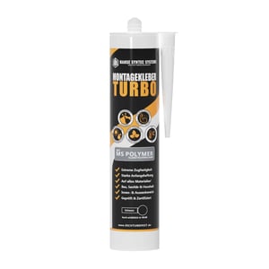 Montagelijm Turbo koker, zwart, met witte belettering en productkenmerken als infografiek
