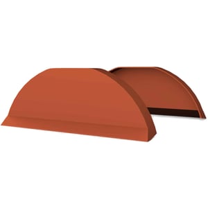 Nokstuk van staal, 0,50 mm dik, in terracotta kleur met Grandemat coating, vooraanzicht en zijaanzicht