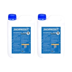 Twee witte 10-liter bussen DACHPROTECT BlueTek oppervlakte lijm met blauwe schroefdoppen