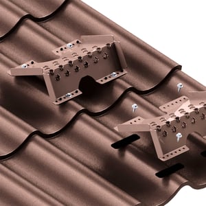 Klimsteun type 1 set, verzinkt staal, chocoladebruin RAL 8017, gemonteerd op dakpanprofiel, hoofdaanzicht