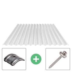 Polycarbonaat golfplaat 76/18, 2,80 mm, helder, met bevestigingsmateriaal: afstandhouder en schroef