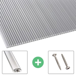 Polycarbonaat dubbelwandige plaat 10 mm helder, met accessoires zoals aluminium profiel en twee schroeven