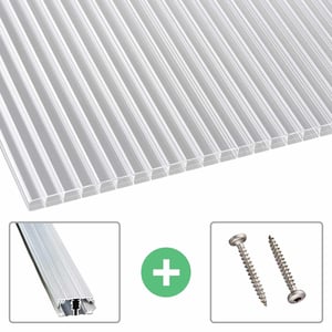 Polycarbonaat dubbelwandige plaat 16 mm, profiel A1, helder, met accessoires zoals aluminium profiel en schroeven