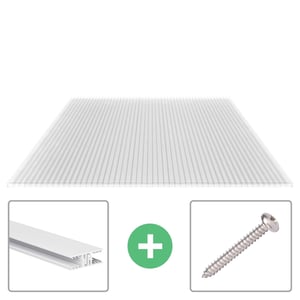 Polycarbonaat kanaalplaat 16 mm helder, met bevestigingsmateriaal en schroef als voordeelpakket