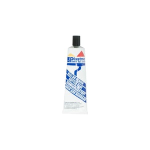 Plastmo PVC speciale lijm in witte tube met zwarte dop, opschrift gootlijm