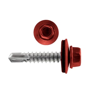 RVS schroef met zeskantkop in Bruinrood RAL 3011 en afdichtring, boorpunt en schroefdraad zilverkleurig