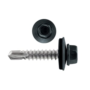 RVS schroef Polmetal, antracietgrijs RAL 7016, met zeskantkop en afdichtring, zij- en bovenaanzicht