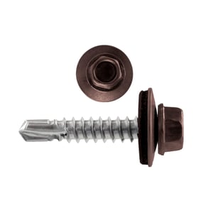 RVS schroef met afdichtring, zeskantkop in RAL 8017 Chocoladebruin, boorpunt en schroefdraad zilverkleurig