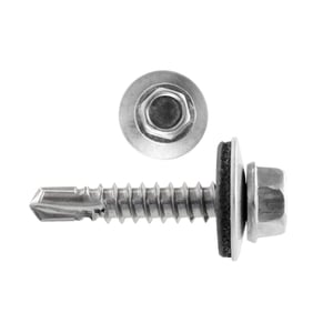 RVS schroef Zilver-Metallic met zeskantkop, sluitring en afdichting, plus bovenaanzicht van de kop