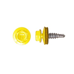 RVS schroef met zeskantkop en afdichtring, RAL 1021 Koolzaadgeel, Polmetal logo op kop