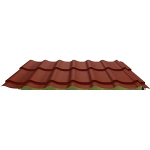 Sandwichpaneel Permapan 40 dak in terracotta, zijaanzicht met profielgolven en groene onderzijde