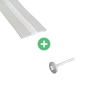 Profielvuller en blanke RVS-schroef met afdichtring, ernaast groen plus-symbool