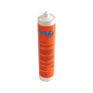 Siliconen kit, wit, in oranje koker met VLF logo en productinformatie