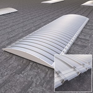 Stabilight polycarbonaat lichtplaat 10 mm helder, thermisch gebogen, op dak gemonteerd, detailweergave rechtsonder