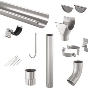 Niagara stalen dakgoten set, grijs aluminiumkleurig, met alle onderdelen en bevestigingsmateriaal