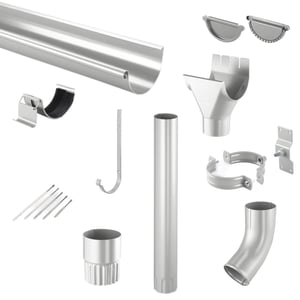 Stalen dakgoten set in zilver-metallic, compleet met goten, buizen, beugels en accessoires