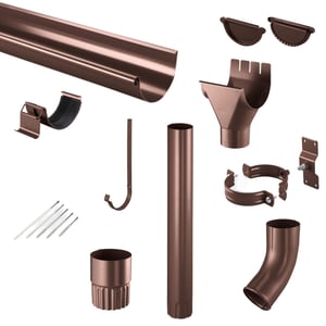 Niagara stalen dakgoot set in chocoladebruin (RAL 8017) met diverse onderdelen zoals goot, beugels, bochten en buis