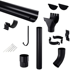 Stalen dakgoten set in gitzwart RAL 9005, met goot, regenpijp, bochten, beugels en accessoires