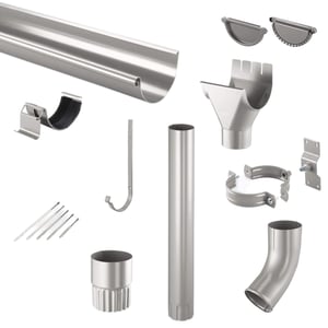 Stalen dakgoot onderdelen in grijs aluminiumkleurig (RAL9007) met 50 µm Polyurethan coating