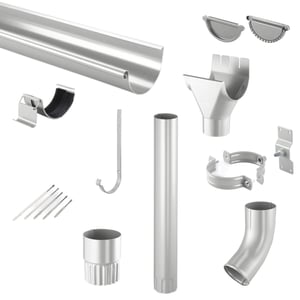 Complete set stalen dakgoten Zilver-Metallic, inclusief buizen, beugels en accessoires